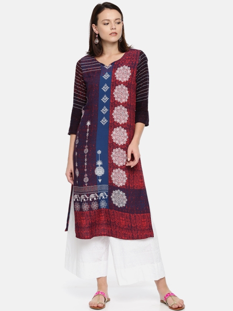 

Rangriti Women Blue & Red Printed Straight Kurta