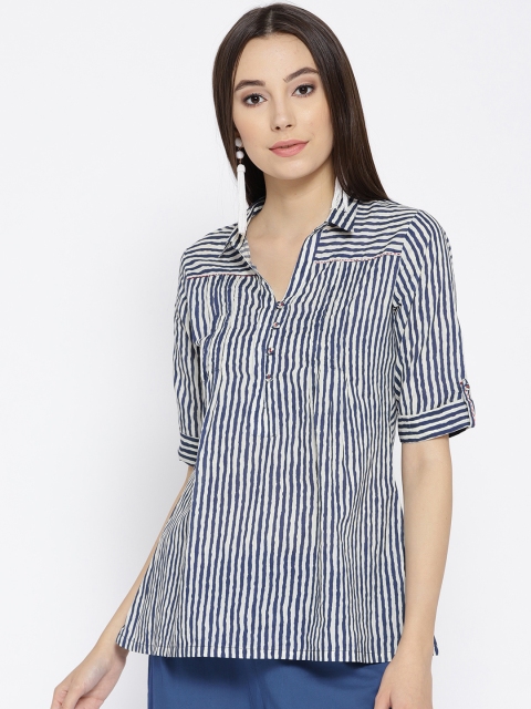 

Rangriti Women Blue Striped Shirt Style Pure Cotton Top