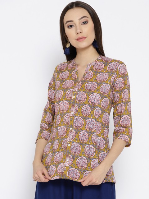 

Rangriti Women Mustard Yellow & Pink Printed Shirt Style Top