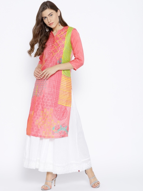 

Rangriti Women Coral Pink Printed Straight Kurta