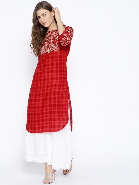 

Rangriti Women Red & Beige Checked Straight Kurta