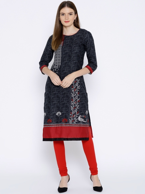 

Rangriti Women Charcoal Grey & White Printed Straight Kurta