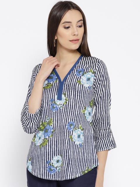

Rangriti Women Navy Blue & White Printed Striped Kurti