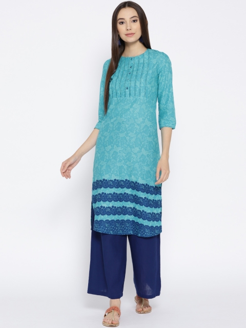 

Rangriti Women Blue Printed Straight Kurta