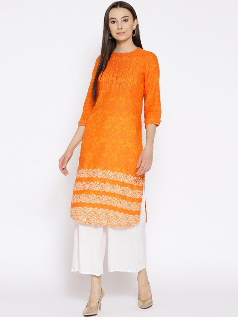 

Rangriti Women Orange Printed Straight Kurta