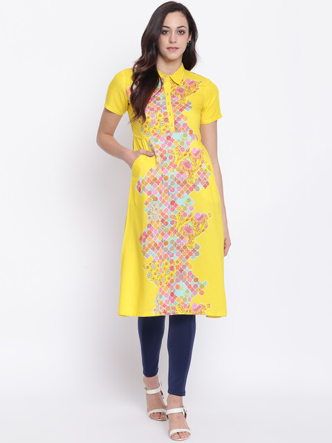 

Rangriti Women Yellow & Blue Printed A-Line Kurta