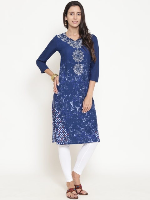 

Rangriti Women Blue Printed Straight Kurta