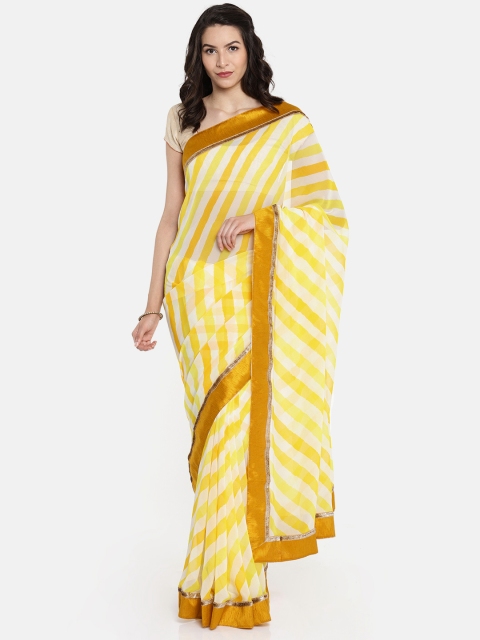 

Moiaa Yellow & Off-White Poly Chiffon Checked Leheriya Saree