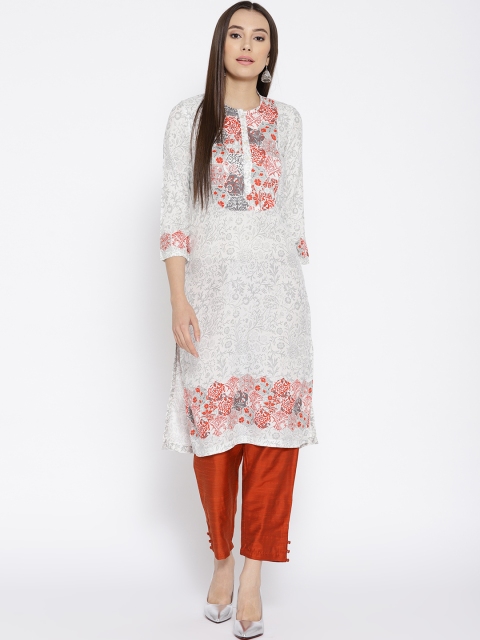 

Rangriti Women White & Grey Printed Straight Kurta