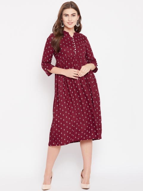 

Rangriti Women Burgundy Printed Midi Empire Dress