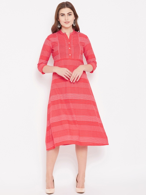 

Rangriti Women Coral Red Striped Midi A-Line Dress