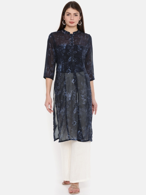

Melange by Lifestyle Women Semi Sheer Navy Blue Printed Straight Kurta