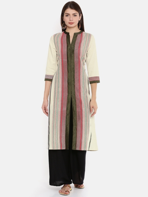 

Melange by Lifestyle Women Beige & Olive Green Printed Straight Kurta