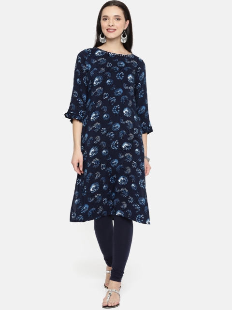 

Melange by Lifestyle Women Navy Printed Straight Kurta, Navy blue