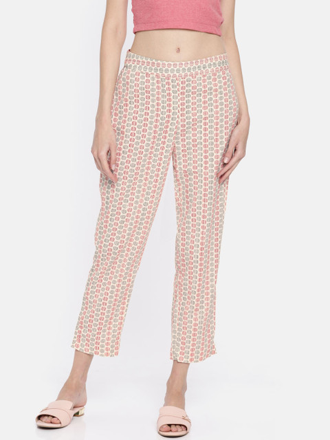 

Melange by Lifestyle Women Beige & Red Straight Fit Printed Regular Trousers