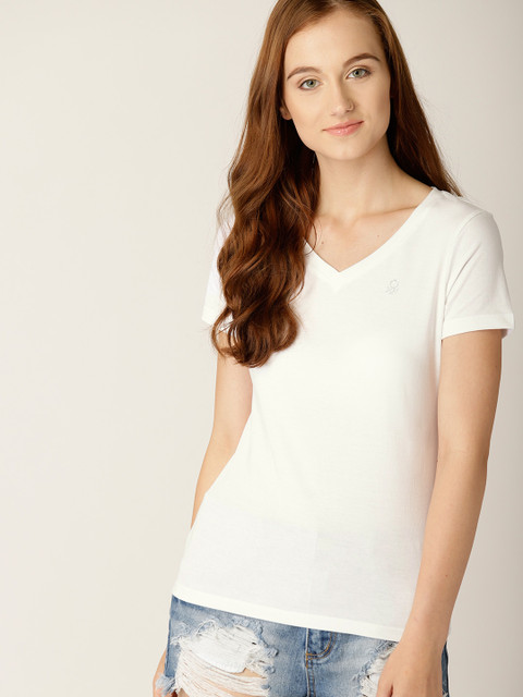 

United Colors of Benetton Women White Solid V-Neck T-shirt