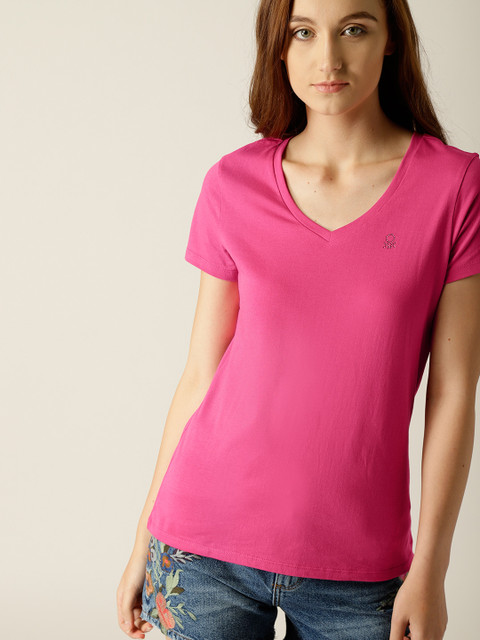 

United Colors of Benetton Women Pink Solid V-Neck T-shirt