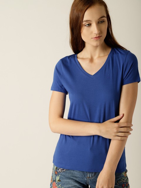 

United Colors of Benetton Women Blue Solid V-Neck T-shirt