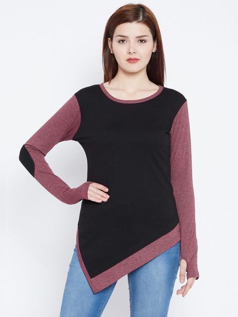 

Hypernation Women Black & Maroon Solid Top