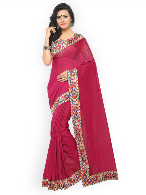 

Blissta Magenta Cotton Blend Solid Chanderi Saree
