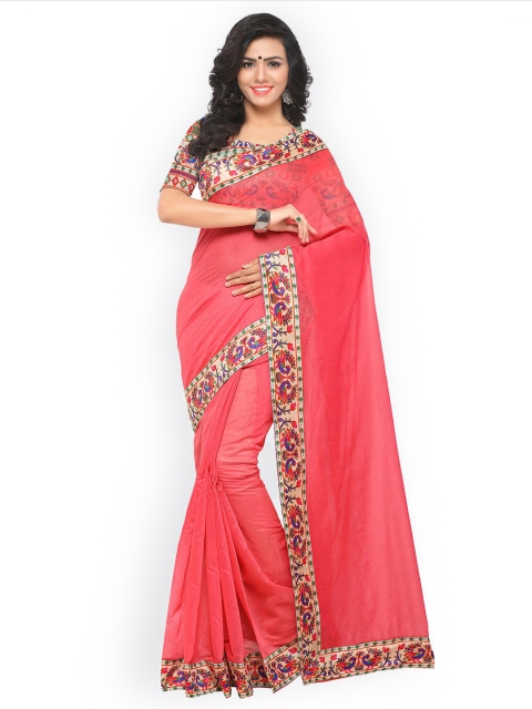 

Blissta Women Pink Cotton Blend Solid Chanderi Saree