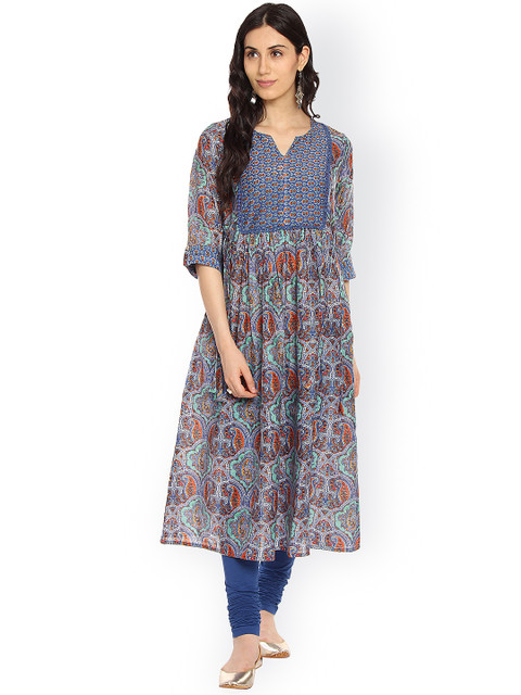 

One of a Kind Women Blue Printed Pure Cotton Kurti