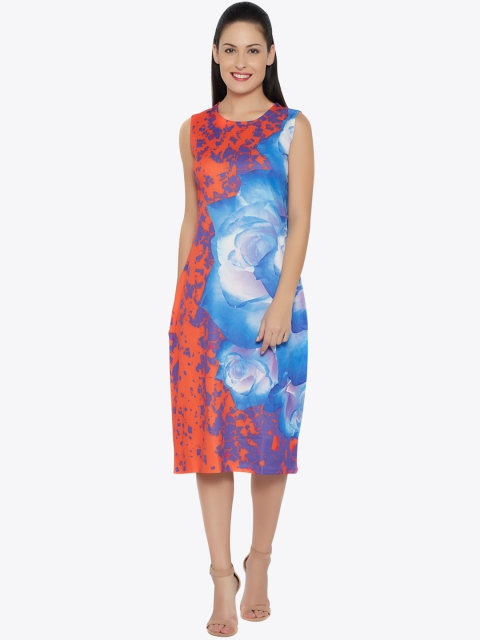 

Soie Women Orange & Blue Printed A-Line Dress