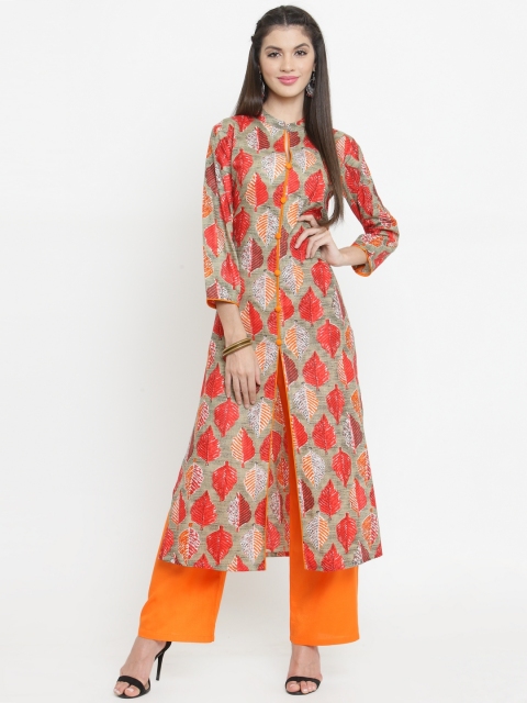 

Jompers Women Grey & Orange Printed A-Line Kurta