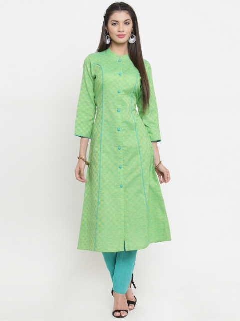 

Jompers Women Green & Blue Woven Design A-Line Kurta