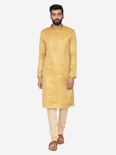 

Manyavar Men Yellow & Beige Self Design Kurta with Churidar