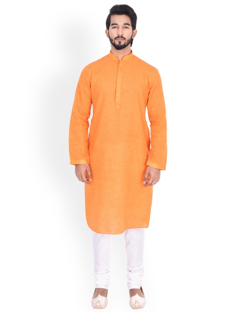 

Manyavar Men Orange & White Self Design Kurta with Churidar
