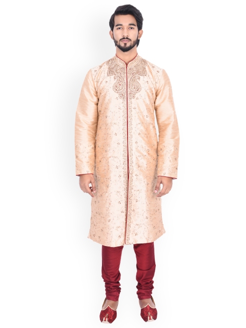 

Manyavar Men Beige & Maroon Self Design Kurta with Churidar