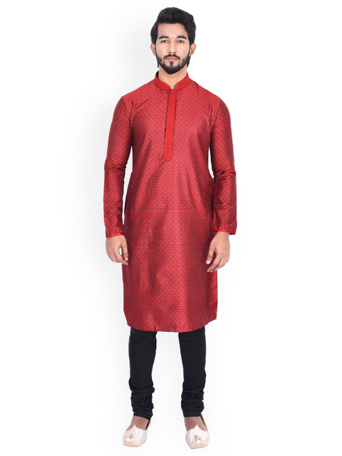 

Manyavar Men Maroon & Black Self Design Kurta with Churidar