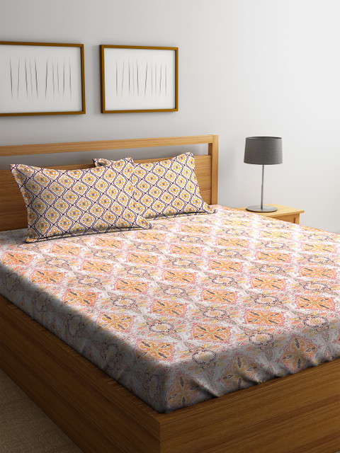 

SWHF Orange Floral Flat 300 TC Cotton 1 King Bedsheet with 2 Pillow Covers