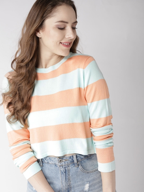 

Mast & Harbour Women Blue & Peach-Coloured Striped Cropped Pullover