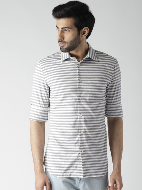

Celio Men Grey & White Regular Fit Striped Casual Shirt