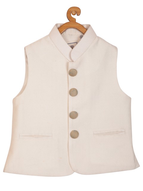 

Kisah Boy's Benarasi Jaquard Cotton Silk Creame Self Design Waistcoat, Cream