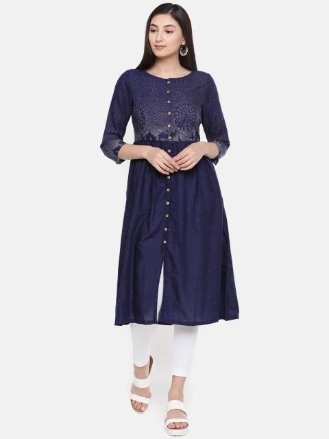 

Global Desi Women Navy Printed A-Line Kurta, Navy blue