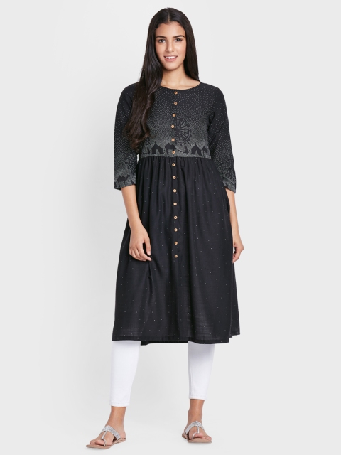 

Global Desi Women Black Printed A-Line Kurta