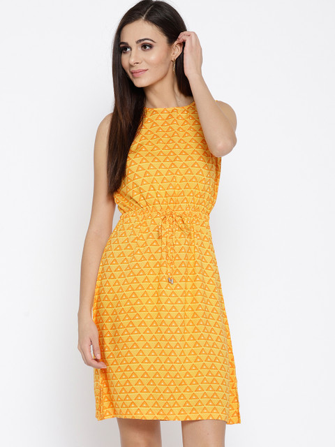 

Global Desi Women Orange & Yellow Printed Fit and Flare Dress
