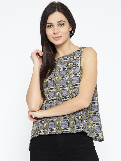

Global Desi Women Grey & Yellow Printed A-Line Top
