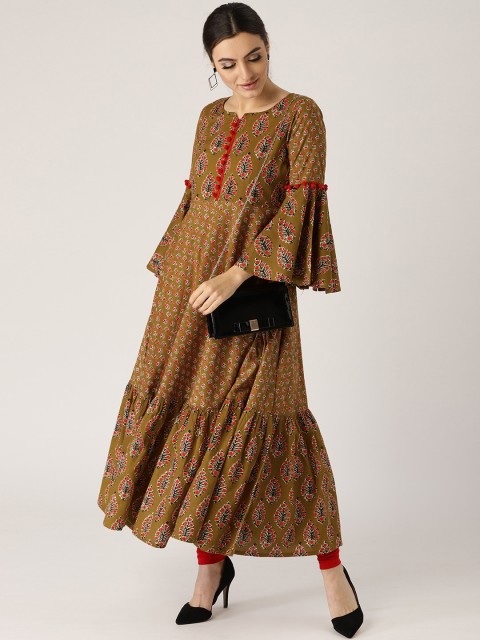 

Libas Women Olive Green & Red Printed Tiered Anarkali Kurta