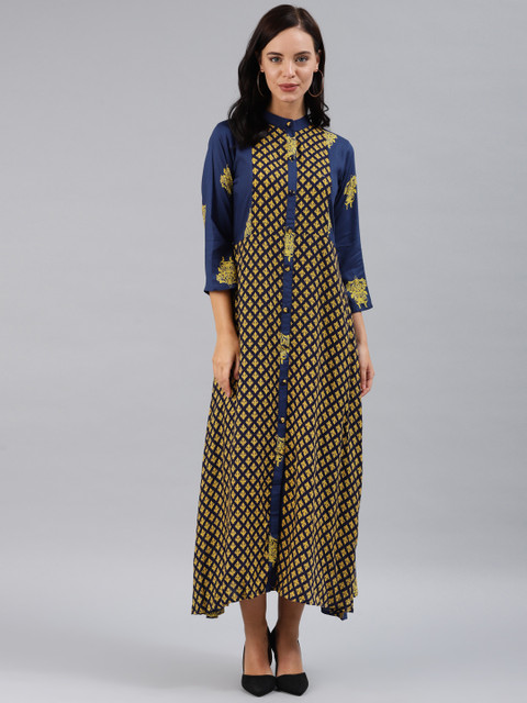 

Libas Women Navy & Yellow Printed Maxi Dress, Navy blue