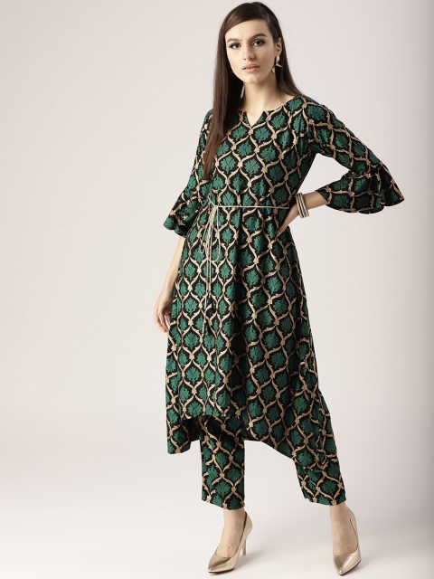 

Libas Women Green & Black Block Print Kurta with Trousers