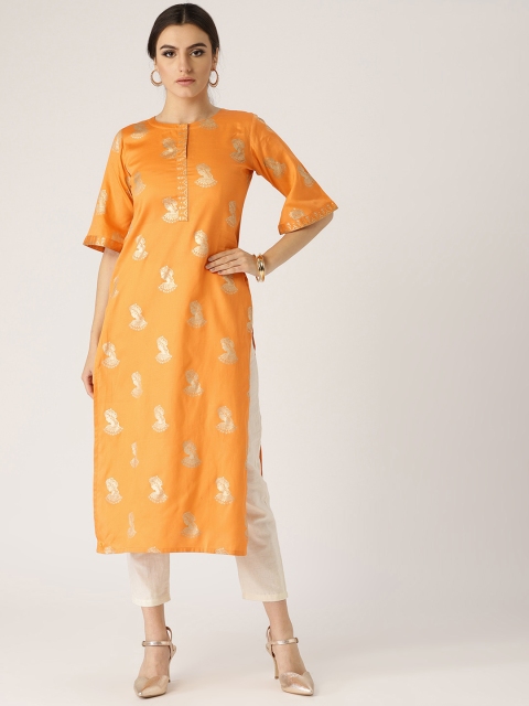 

Libas Women Orange & Golden Printed Straight Kurta