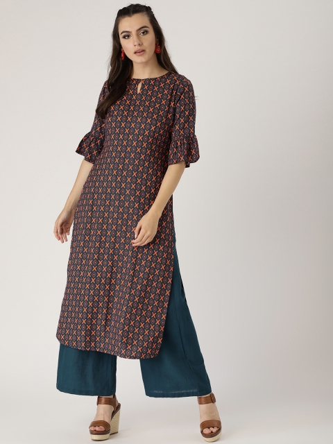 

Libas Women Navy & Orange Printed Straight Kurta, Navy blue