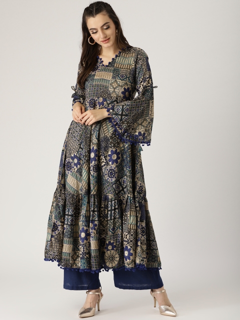 

Libas Women Navy Blue & Beige Printed Anarkali Kurta