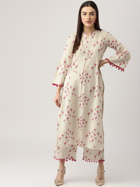 

Libas Women Off-White & Pink Printed Kurta with Palazzos