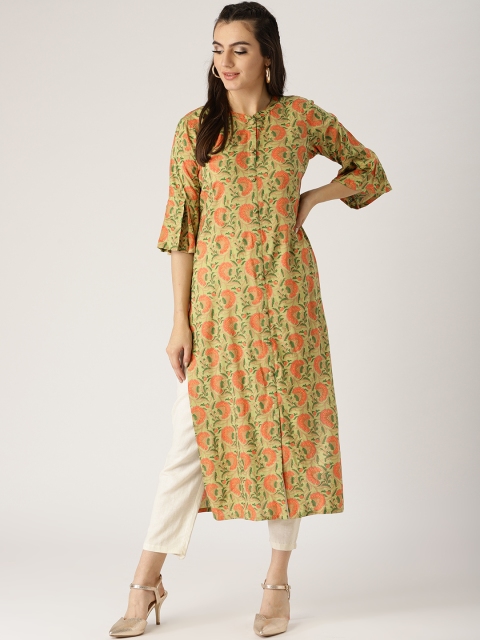 

Libas Women Green & Coral Orange Printed Straight Kurta