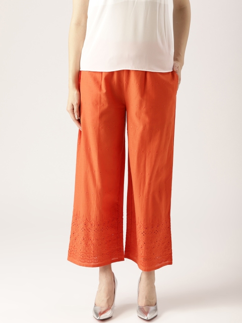 

Libas Women Orange Schiffli Embroidered Wide Leg Palazzos